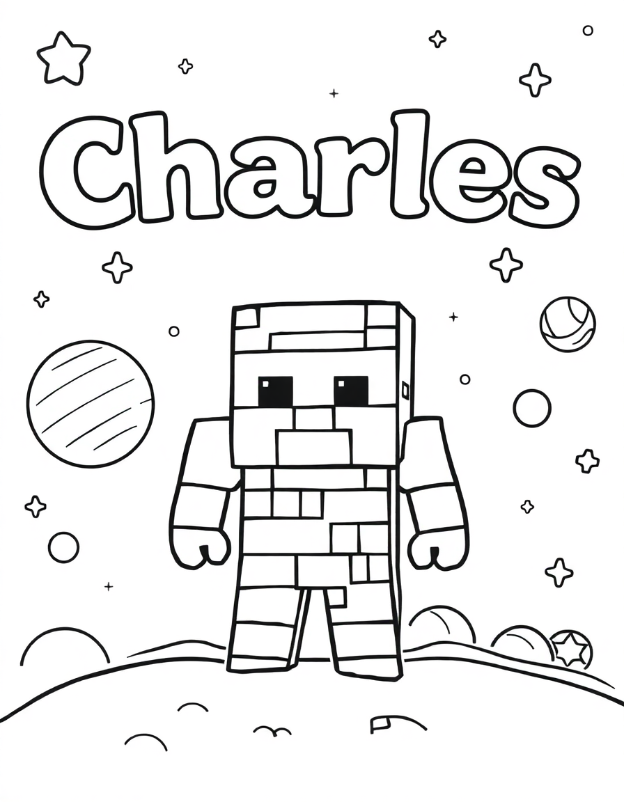 Charles's personalized Minecraft coloring page in minimalist style with outer space with stars and planets background - Created with Bears Colouring Books