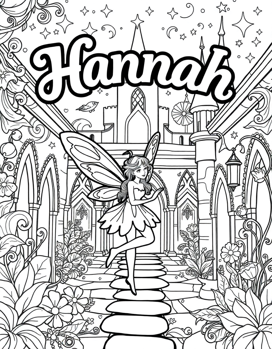 Hannah's personalized fairy coloring page in whimsical fairy tale style with enchanted castle courtyard background - Created with Bears Colouring Books