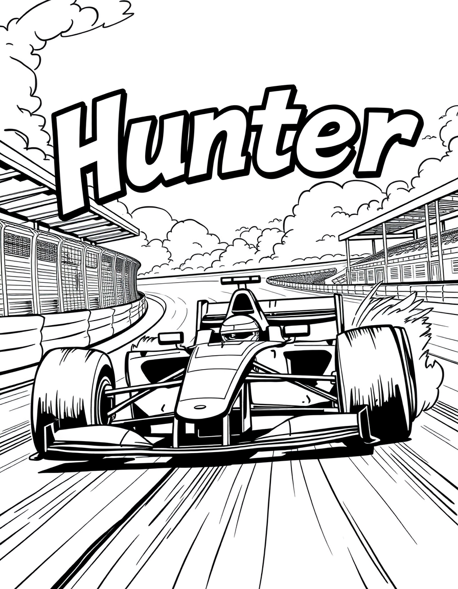 Hunter's personalized Formula 1 car coloring page in comic book style style with race circuit background - Created with Bears Colouring Books