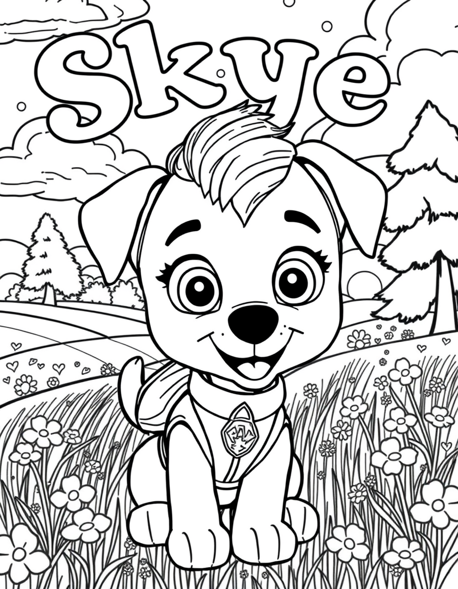 Skye's personalized Skye from Paw Patrol coloring page in classic disney style style with fields with trees and flowers background - Created with Bears Colouring Books